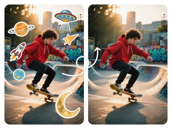 Skateboarder in a graffiti skate park after Stricker Remover removes space stickers
